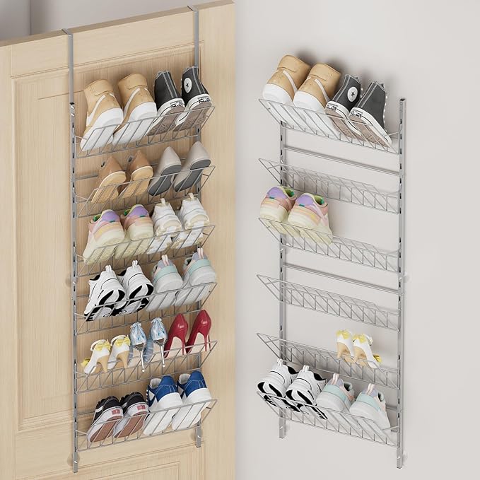 SWTYMIKI Over the Door Shoe Organizer - Adjustable 6 Tier Hanging Shoe Rack Organizer, Metal Heavy Duty Behind Door Storage or Wall Mount Shoes Shelf for Flats, Heels, Sneakers, Boots, Silver