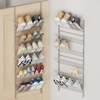 SWTYMIKI Over the Door Shoe Organizer - Adjustable 6 Tier Hanging Shoe Rack Organizer, Metal Heavy Duty Behind Door Storage or Wall Mount Shoes Shelf for Flats, Heels, Sneakers, Boots, Silver