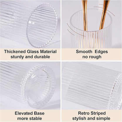 DASITON Makeup Brush Holder Organizer, Crystal Cosmetic Makeup Brushes Storage Holder, Glass Make Up Brush Holder, Vintage Striped Make Up Cup Desk Pen Pencil Holder, Toothbrush Holders (Clear S)