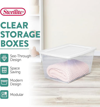 Sterilite 16 Pack Storage Box, 58 Quart Stackable Tote, Clear Plastic Container with Secure Snapping Lids for Home and Office Organization, White