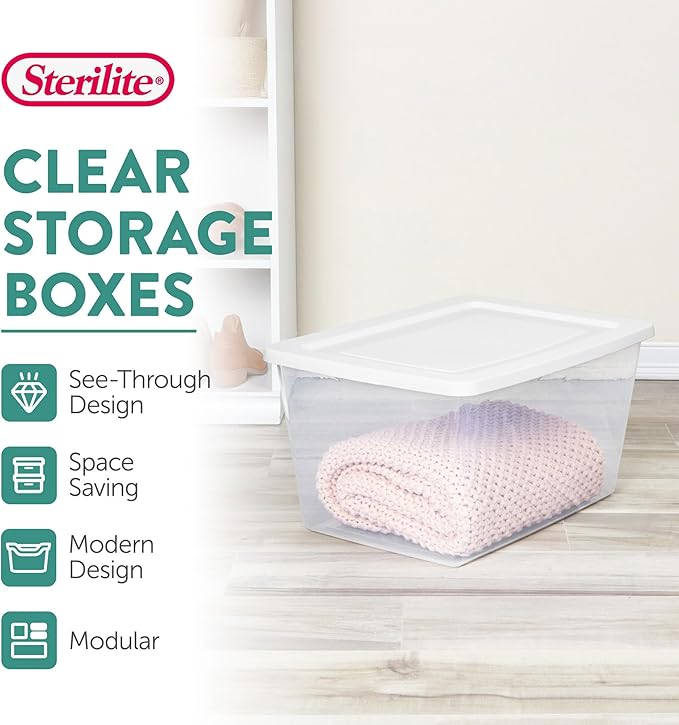 Sterilite 32 Pack Storage Box, 58 Quart Stackable Tote, Clear Plastic Container with Secure Snapping Lids for Home and Office Organization, White