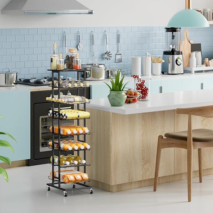Water Bottle Storage Rack - 7 Tier Free Standing Organizer With Wheels, Mobile Bottled Holder Stand for Floor, Space Saver Metal Beverage Soda Drink Shelf for Kitchen, Outdoor Party