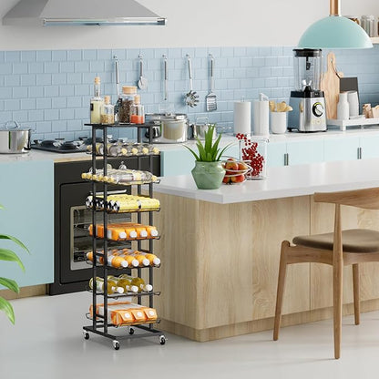 Water Bottle Storage Rack - 7 Tier Free Standing Organizer With Wheels, Mobile Bottled Holder Stand for Floor, Space Saver Metal Beverage Soda Drink Shelf for Kitchen, Outdoor Party