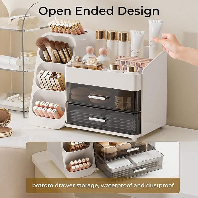 Makeup Organizer for Vanity with Brush Holder, Large Capacity Bathroom Countertop Skincare Organizer with 2 Drawers, Cosmetic Display Case for Perfumes, Eyeshadow Palettes, Nail Polishes