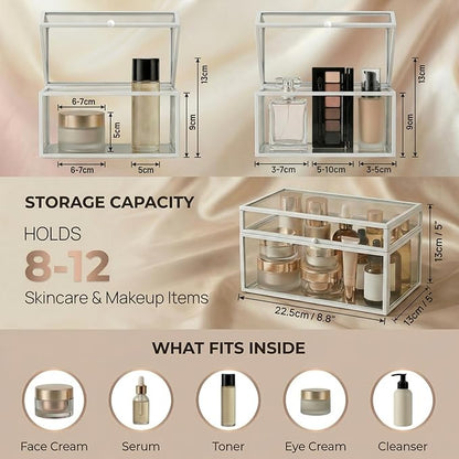 40 Lipsticks Organizer with Lid, Glass Display Box Fits Large Perfume & Skincare, Easy-Access Organiser for Vanity Countertop, Multifunctional Display Box in Any Rooms