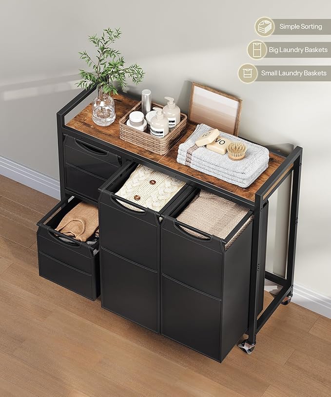 HOOBRO Laundry Sorter with 4 Section, 34 Gal. (127 L) Laundry Hamper with Wheels, Rolling Laundry Basket with Shelf, Pull-Out Detachable Bags, Side Pockets, Rustic Brown and Black BF14XY01N1