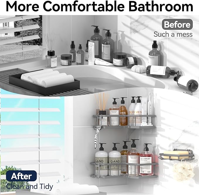 YASONIC Shower Caddy Corner, 3-Pack Adhesive Rustproof Stainless Steel Shower Shelves with Soap Holder, No Drilling Shower Organizer Corner for Dorm, Renters Bathroom, Grey