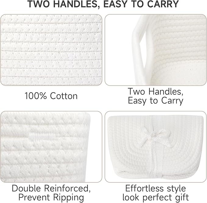 3-Pack Storage Baskets for Organizing | Woven Shelf Toy Basket | Rope Baskets for Gifts Empty | Closet Organizer Bins with Handles | Cube Decorative Box | 13.7×7.1×6.7” | White