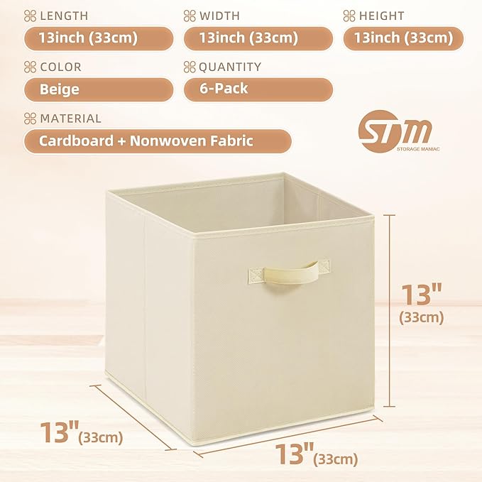 STORAGE MANIAC Storage Cubes, 13 Inch Collapsible Storage Bins with Handles, 6 Pack Fabric Foldable Bins for Organization, Durable Storage Bins for Closet, Shelves, Offices, Toys, 6-Pack Beige