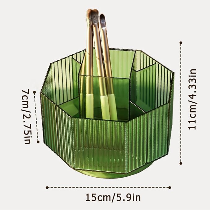 LINFIDITE 360°Rotating Makeup Organizer Holder Cosmetic Display Case Clear Makeup Brush Lip Gloss Organizer Case with 5 Slots Round Turntable Storage Tray for Vanity, Bathroom, Counter Organizer Green