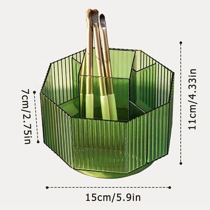 LINFIDITE 360°Rotating Makeup Organizer Holder Cosmetic Display Case Clear Makeup Brush Lip Gloss Organizer Case with 5 Slots Round Turntable Storage Tray for Vanity, Bathroom, Counter Organizer Green