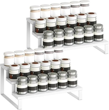 YATINEY Spice Rack, Wooden Display Riser Stand, Set of 2, Vanity Display Stand, Perfume Organizer, Tiered Countertop Organizers, Space Saving, for Kitchen Spices,Syrup, Coffee Mugs, White SR03L2WW