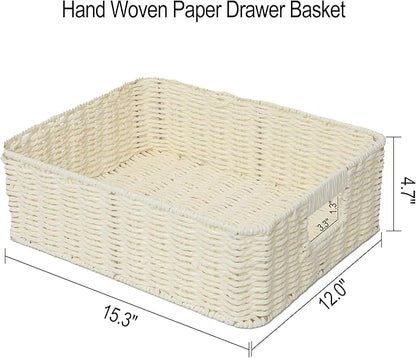 Drawer basket Handwoven Paper Rope Rectangular Shallow Basket Storage-15.35X12.01X4.72 Inches (Off-white)