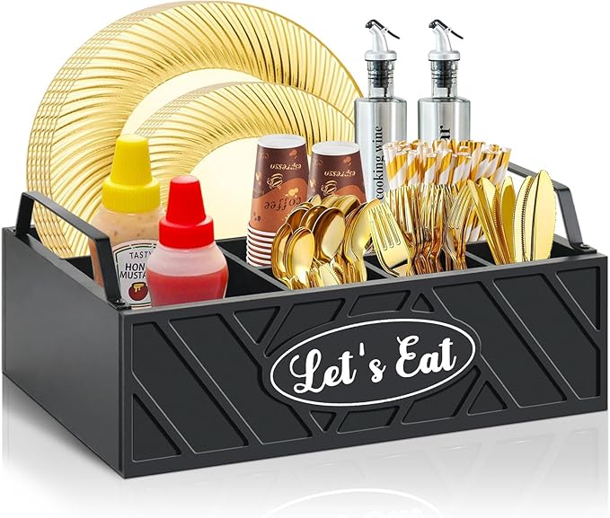 Paper Plate Dispenser, Wood Paper Plate Holder with Handle for Kitchen Counter, Silverware Caddy for Cups, Spoons, Forks, Plates, Napkins, Utensil Holder for Party Camping Buffet (Black)