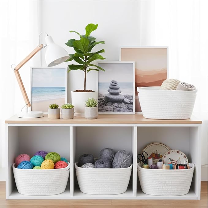 Sawysine 6 Pcs Storage Baskets Bulk for Organizing Cotton Rope Woven Basket with Handles for Gift Cloth Shelves Blanket Toys Living Room(White)