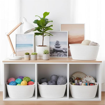 Sawysine 6 Pcs Storage Baskets Bulk for Organizing Cotton Rope Woven Basket with Handles for Gift Cloth Shelves Blanket Toys Living Room(White)