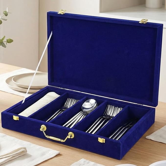 Pickmesh Silverware Case with Lid and Handle, Silverware Storage Box Sterling Silver Flatware Chest Without Silver Tarnish Proof Utensils Organizer for Kitchen Decor Wedding Gifts(Royal Blue,1 Layer)