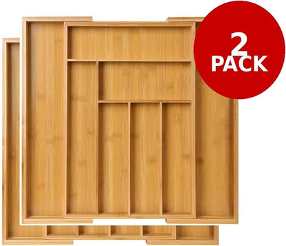 Kitchen Drawer Organizer Expandable Bamboo, Utensil Organizer for Kitchen Drawer, Adjustable Silverware Organizer Tray 13–19.6”, Wooden Cutlery Drawer Organizer, Deep Compartments 2 PACK