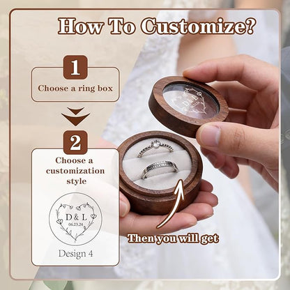 Personalized Ring Box Wedding Day（1-2 slots, Wooden Small Ring Boxes Holder, FREE Custom Name Clear Acrylic Cover, Elegant Round Rings Case for Wedding, Engagement Proposal,Ceremony
