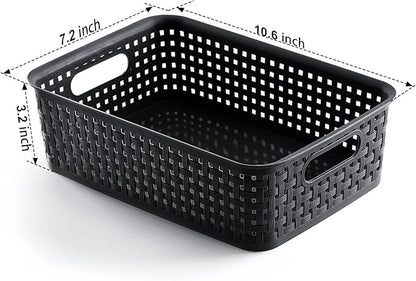 [ 8 Pack ] Plastic Storage Baskets, Small Pantry Organization and Storage Bins, Household Organizers for Laundry Room, Bathrooms, Kitchens, Cabinets, Countertops, Under Sink or Shelves, Black