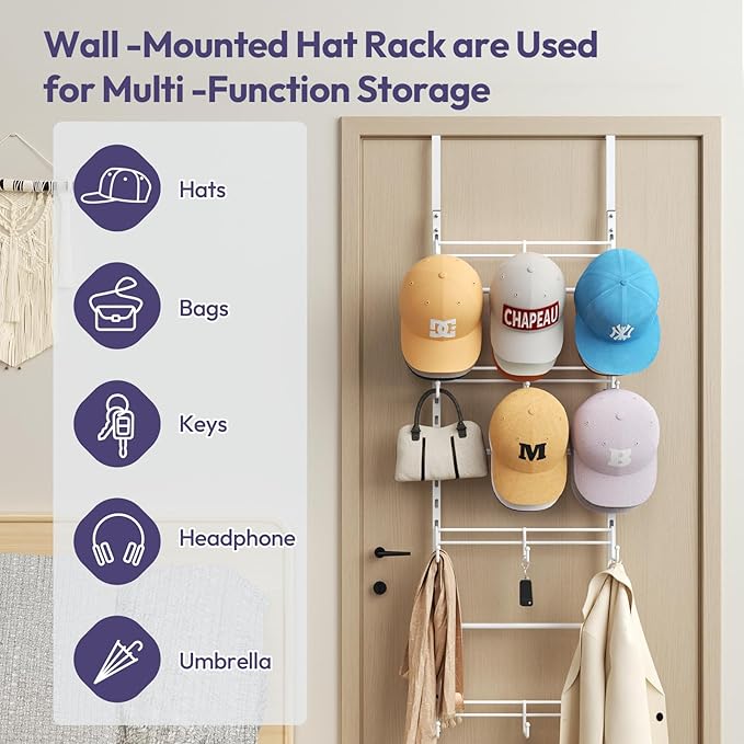 SWTYMIKI Over Door Hat Organizer - 4 Tier Metal Adjustable Wall Mounted Hat Rack with 12 Hooks Design, Hanging Baseball Cap Organizer Storage Holds up to 36 Caps for Door, Bedroom, Closet