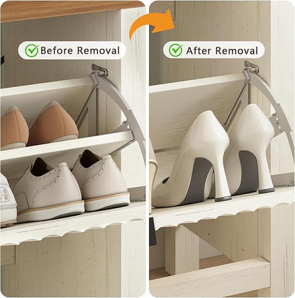 YOMILUVE Shoe Cabinet Storage for Entryway, Fluted Shoe Cabinet with 2 Flip Drawers, Hidden Shoe Rack Tall Freestanding Shoe Organizer with Legs for Hallway, White