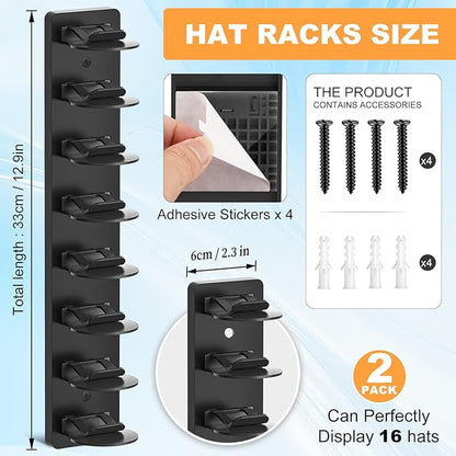 Vocanoe Hat Organizer for Baseball Caps, 2 Pack Hat Rack for Wall Strong Adhesive, Multilayer Hat Storage Holder, Wall Mounted Cap Racks for Closet Door and Bedroom