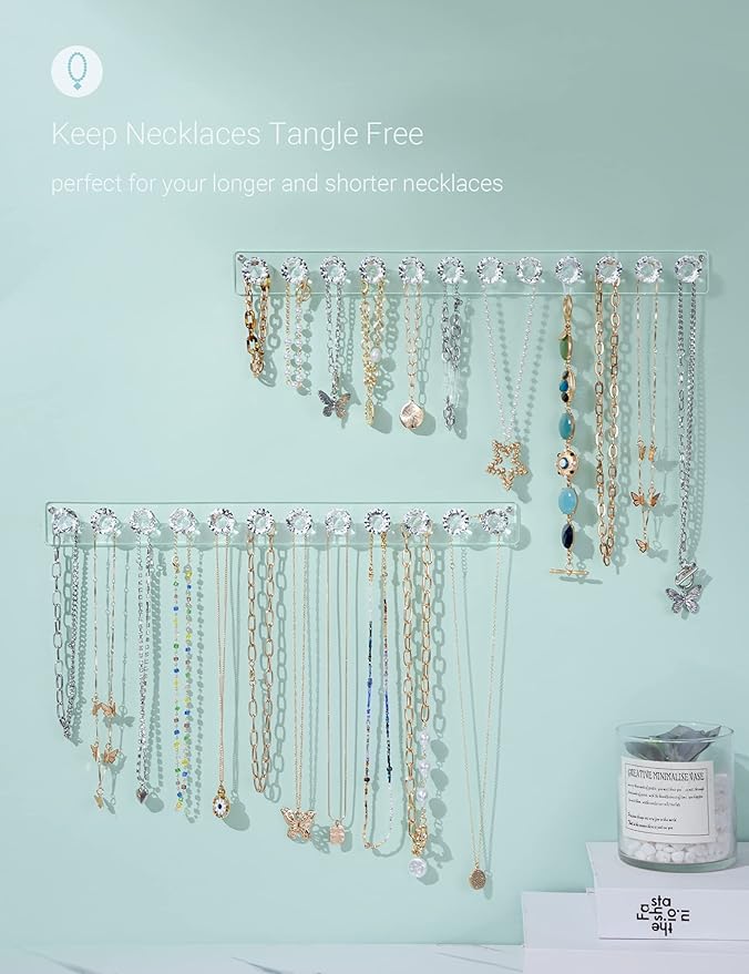 Mymazn 4 Pack Acrylic Necklaces Holder Hanging Jewelry Organizer Wall Mounted Necklace Hangers with 12 Hooks, Clear Jewelry Hangers for Necklace Organizer for Girls Women, Necklace Storage Organizer