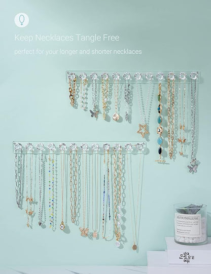 Mymazn 4 Pack Acrylic Necklaces Holder Hanging Jewelry Organizer Wall Mounted Necklace Hangers with 12 Hooks, Clear Jewelry Hangers for Necklace Organizer for Girls Women, Necklace Storage Organizer