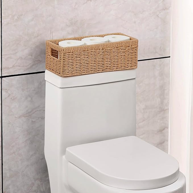 Vagusicc Wicker Storage Basket, Paper Rope Wicker Baskets with Handles, Toilet Paper Basket for Toilet Tank Top, Small Wicke Baskets for Organizing Shelves, 2-Pack, Natural