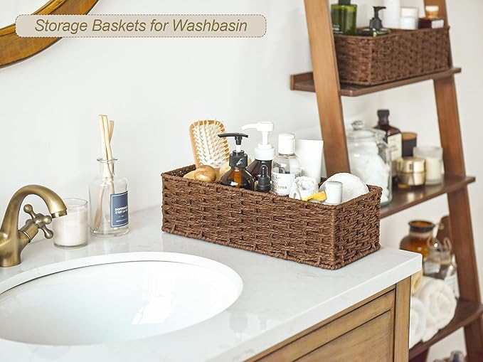StorageWorks 3-Section Wicker Baskets for Shelves, Hand-Woven Round Paper Rope Storage Baskets, Walnut, 2-Pack