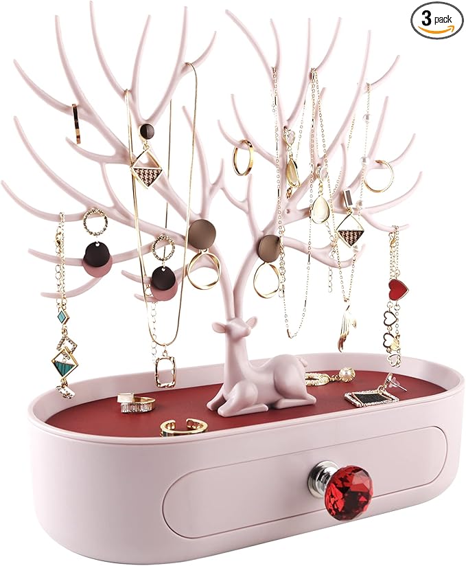 MORE&LESS Red Artificial Leather and Red Crystal Handle Deer Jewelry Display Rack for Ring Earrings Necklace Bracelet