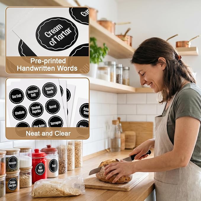 Aixoom 144PCS Spice Labels Stickers for Spice Rack, Preprinted Black Handwritten Words, 1.5in Round Labels for Spice Organize Storage Jars Boxes Bottles