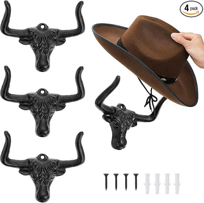 Foraineam 4 Pack Cowboy Hat Rack for Wall, Animal Head Metal Cowboy Hat Hanger Cap Holder, Cast Iron Western Longhorn Hooks for Closet Bedroom Living Room Hats Storage and Display Rustic Men's Gift