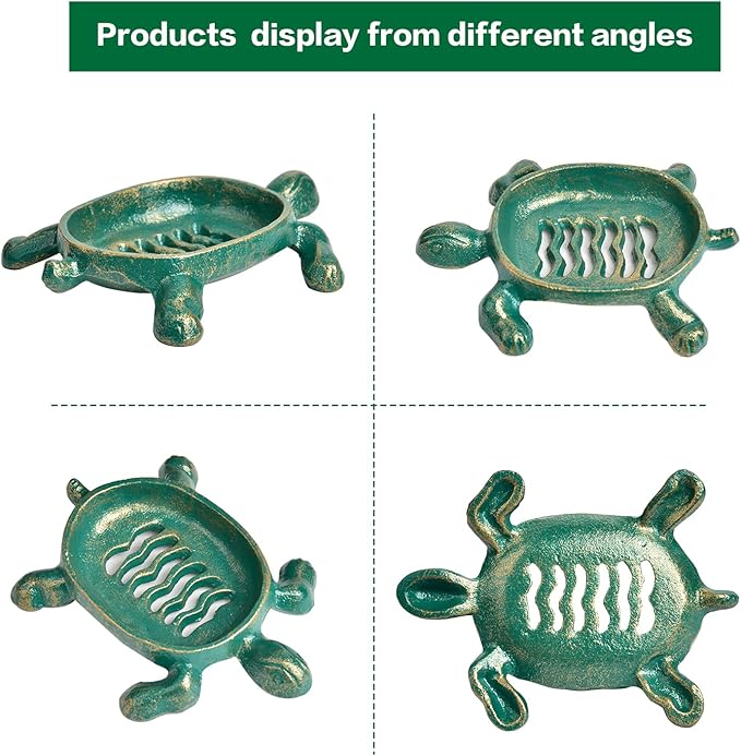 Sungmor Heavy Duty Cast Iron Drainable Soap Holder - Lovely Tortoise Shaped & Antique Green & Gold Finish - Kitchen Bathroom Sink Soap Dish Tray - Practical & Decorative Tabletop Soap Box Container