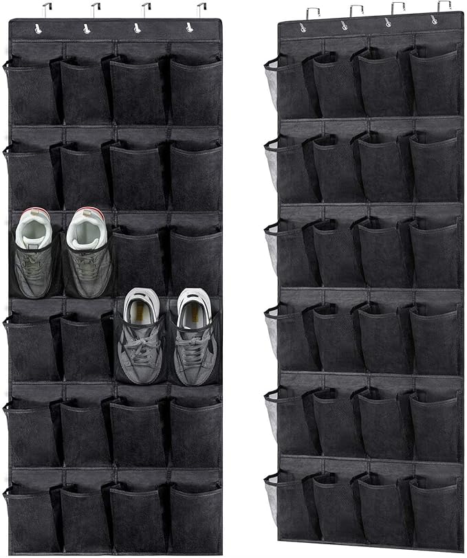 Over The Door Hanging Shoe Organzier, Large Capacity Mesh Shoe Rack, 24 Pockets Hanging Shoe Rack Holder Organizer Shoe Storage Closet for Men Sneakers,Bedroom Bathroom Pantry (Black)