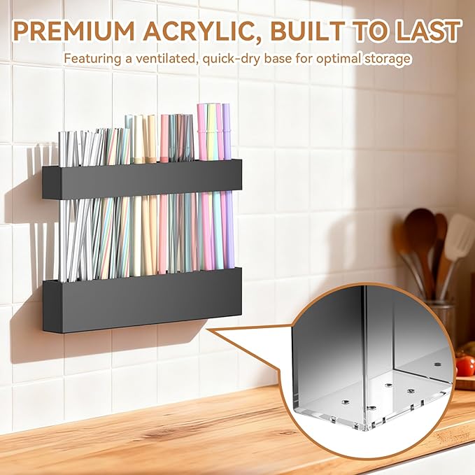 9.5 Inch Cabinet Door Acrylic Straw Holder with Double-Sided Tape, Kitchen Countertop Cabinet Storage Box Organizer for Straws (Black)