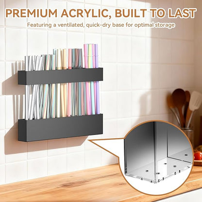 9.5 Inch Cabinet Door Acrylic Straw Holder with Double-Sided Tape, Kitchen Countertop Cabinet Storage Box Organizer for Straws (Black)