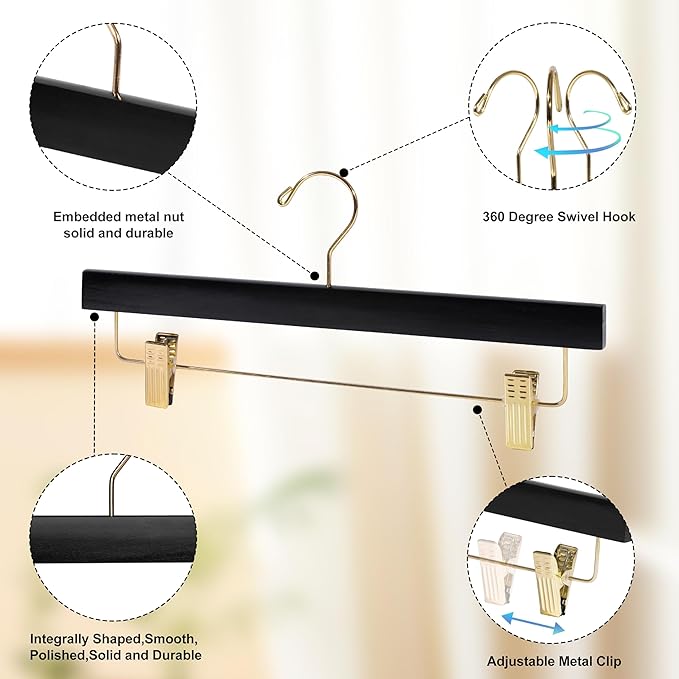 Quality Hangers Black Wooden Pants Hangers - 10-Pack Swivel Hook Cloth Hanger Set - Lotus Wood Skirt, Pant, Shorts and Slack Hangers with Adjustable Clip – Black Clothing Hanger (Gold Hook, 10)