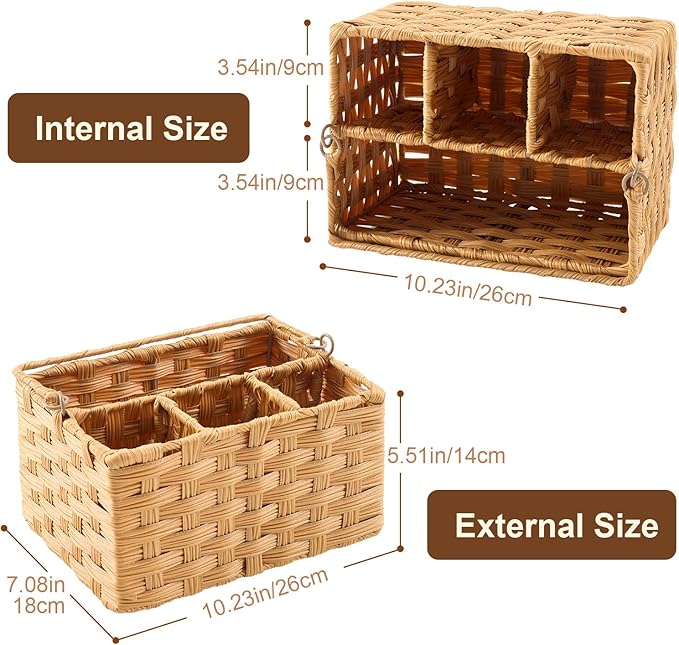 Wicker Utensil Caddy – Tabletop Utensil & Silverware Organizer with Handle, Multi-Use Cutlery and Condiment Holder, Kitchen Countertop Basket, Ideal for Parties, Picnics & Buffets