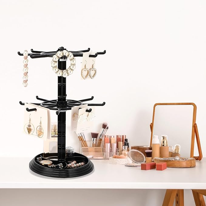 2 Pack Keychain Display Stand Rotating Jewelry 2 Tier Necklace Holder Plastic Spinning Bracelet Hanging Organizer Rotating Rack Earring Bracelet Stands for Vendors Malls Counter Dressing Table