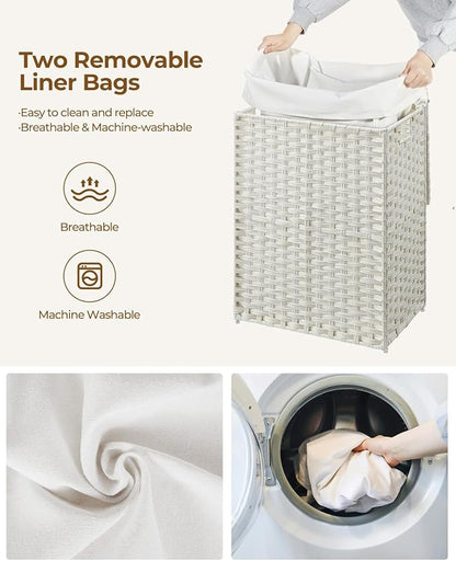 Greenstell Laundry Hamper with Lid, 90L Clothes Hamper with 2 Removable Liner Bags & 2 Mesh Laundry Bags, Handwoven Synthetic Rattan Laundry Basket for Clothes, Toys in Bathroom, Bedroom White