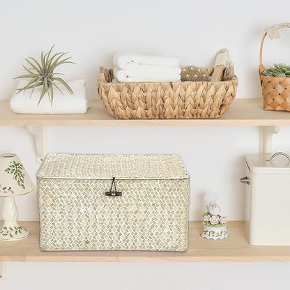 Hipiwe Wicker Shelf Baskets Bin with Lid, Large Natural Seagrass Basket Storage Bins Handwoven Rectangular Household Basket Boxes for Shelf Wardrobe Home Organizer and Decor, Whitewash