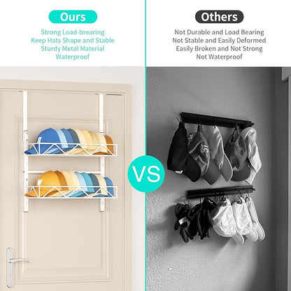 HapiRm Over the Door Hat Organizer - 2 Tier Wall Mounted Hat Rack with 2 Adjustable Metal Basket, Baseball Caps Organizer Storage Holds up to 20 Caps for Door, Bedroom, Closet (White)
