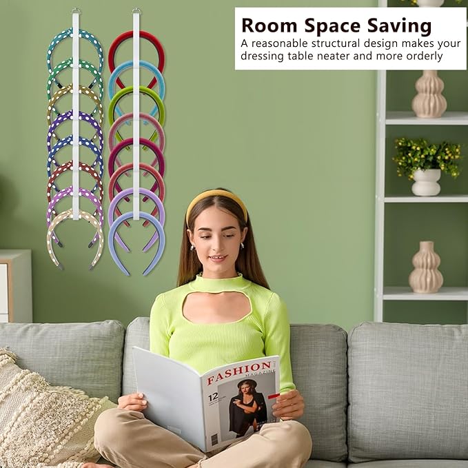 FMOACEN 4 Pcs Headband Holder Organizer, White Hanging Wall Mounted Hairband Accessories, Hair Hoop Storage Display with 32 Total Rings for Women Girls, Bedroom Dorm Closet Decor
