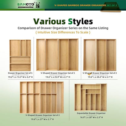 BAMOTTO CRAFTBAMBOO V-Shaped 2-Pack 19.6" Long Bamboo Drawer Organizer Box - Easy Reach Kitchen Utensil Flatware Silverware Cooking Tools Storage for Home Bedroom Bathroom (19.6"x12.4"/19.6"x7.8")