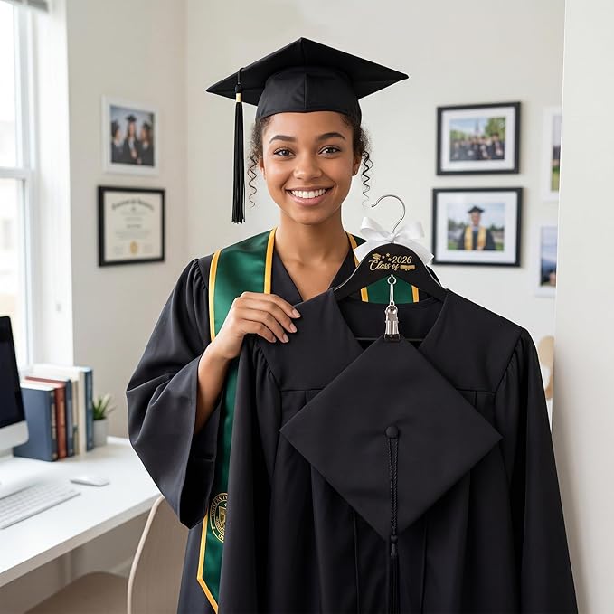 GraduatePro Graduation Cap and Gown Hanger 17.5”with Hook Clip for College and High School Graduates, Graduation Gifts with Class of 2026 Printed for Her and Him, Black