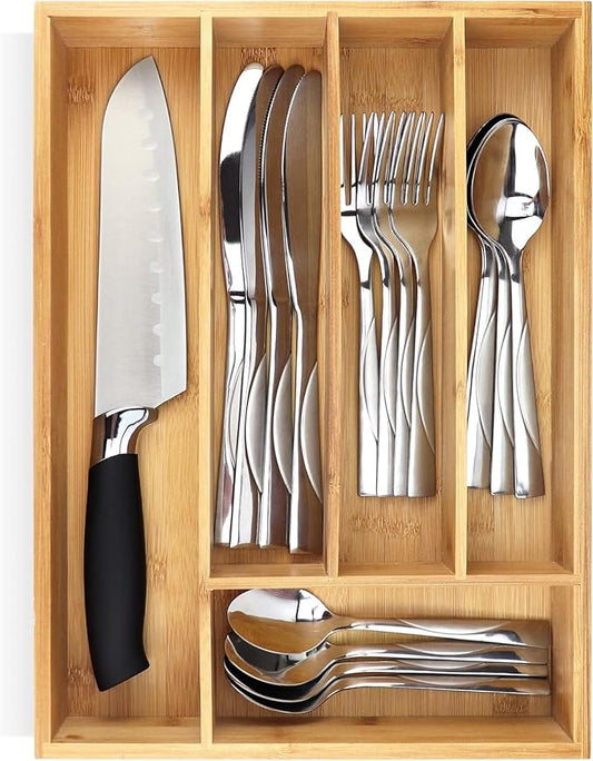 Pristine Bamboo Silverware Organizer - Small Extra-Deep Wooden Kitchen Drawer Organizer Divider for Spoons, Forks, Knives & Cutleries - 5 Slots