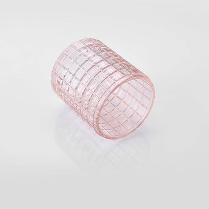 Blush Colored Tranlucent Apothecary Etched Geometric Grid Glass Jar W/ Nickel Metal Lid Cover for Bathroom Organization, Cotton Balls, Q Tips, and Small Accessories, Bathroom Storage