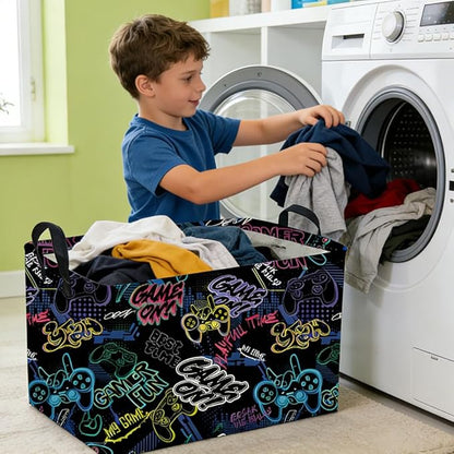 Rectangular Kids Baskets,Waterproof Foldable Storage Basket with Handles,Games Basket,Boys Room DecorGame Storage Bin,Shelf Baskets(Cool Game)